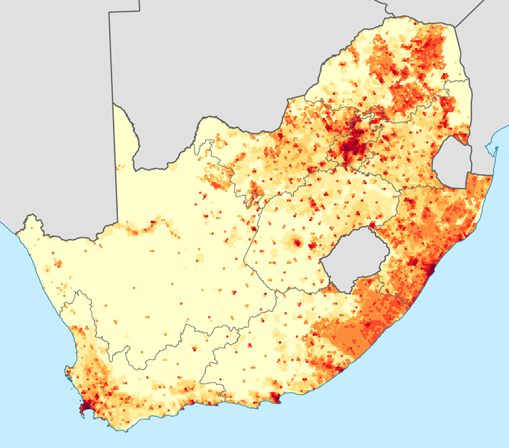 South Africa 2011 population density map