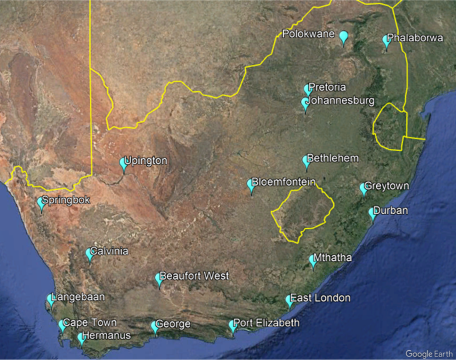 Weather data locations imposed on Google Earth