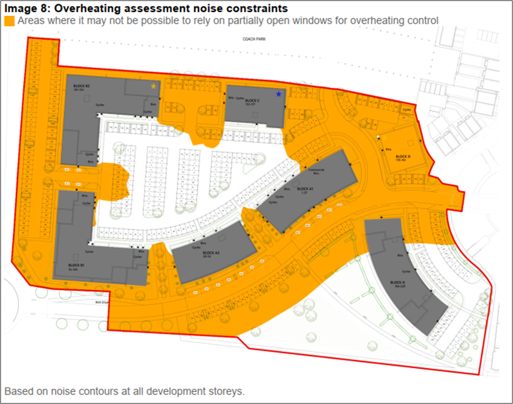 Figure 2. Graphic of noise affected apartment blocks from the acoustic report